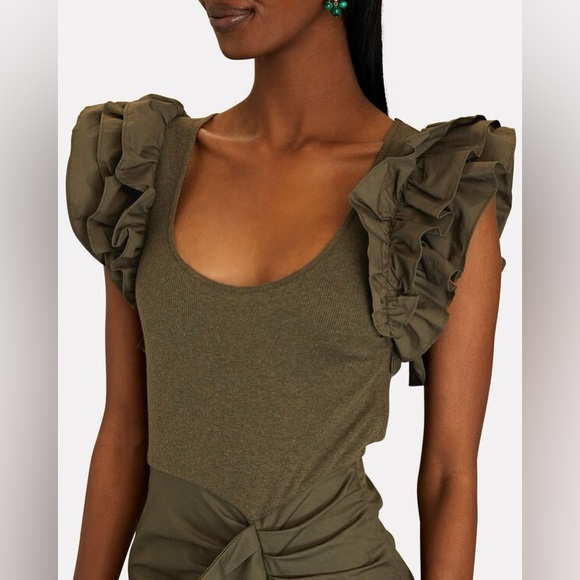 Ulla Johnson Isabella Combo Ruffle Midi Dress Olive Army Green Size P Small - Picture 2 of 11